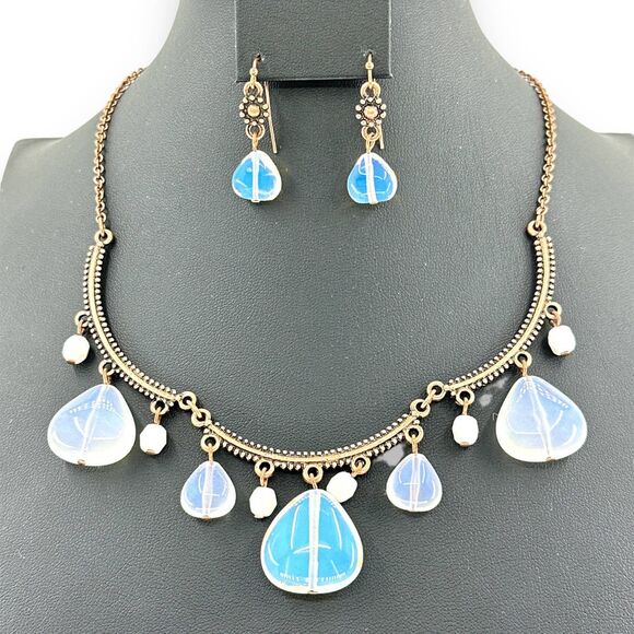 Necklace & Earrings Iridescent Water Fall Dangle Copper Color Jewelry Set - Picture 1 of 9